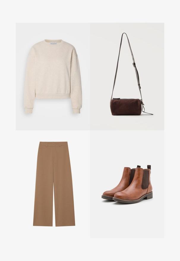 Lys beige sweatshirt lavet af blødt stof, med rund hals, nedfaldne skuldersømme og ribbede manchetter og kant.; Vide benbukser i en ensfarvet brun farve, lavet af et tekstureret stof; har høj talje og struktureret design med bæltestropper.; Brune læder ankelstøvler med elastiske sidepaneler, rund tå og en lav træhæl. Har en løkke til nem påtagning.; Mørkebrun ruskind cylindrisk crossbody taske med justerbar tynd læderrem og top lynlås lukning.