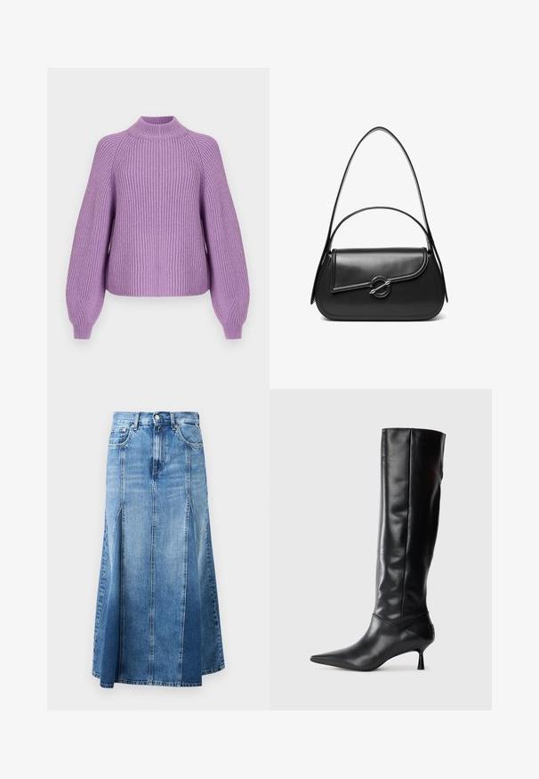 Suéter de punto acanalado en lavanda con un cuello alto, mangas anchas y un ajuste relajado. La tela texturizada realza el interés visual y la calidez.; Falda de mezclilla con un degradado de azul claro a oscuro, hasta la rodilla, de corte recto, con aberturas frontales y cierre clásico de botones y cremallera.; Bota de cuero negra hasta la rodilla con punta afilada y tacón delgado curvado. Textura suave, diseño ajustado y sin hardware ni patrones visibles.; Bolso de hombro de cuero negro con una solapa curva asegurada por un broche metálico redondo y una correa delgada y ajustable.
