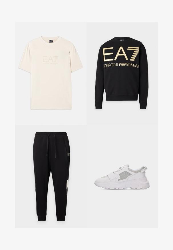Must musta pika varrukaga dressipluus kuldse "EA7" ja "Emporio Armani" logoga ning kotkaemblemiga rinnal, soonikkoes varrukasuuted ja alumine serv.; Kreemjas värvitoonis puuvillane T-särk, millel on ümmargune kaelus ja lühikesed varrukad. Esiküljel on reljeefne EA7 logo.; Mustad vabaajapüksid elastse vöökohaga ja paelaga, küljetaskute, mansettidega säärte ja väikese valge logoga ülemisel reiel.; Valged robustsed vabaajajalatsid võrgus paneelidega külgedel, ees paelad, paks tekstureeritud talla ja kandmiskonksuga kontsapeal lihtsal heledal taustal.