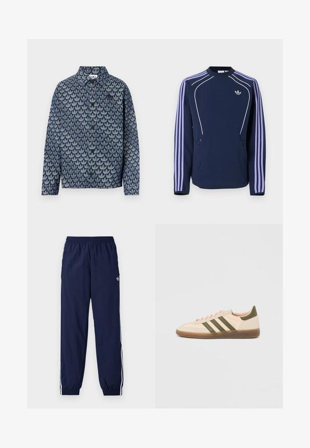 Μπλε ναυτικό φούτερ Adidas με μακριά μανίκια, λιλά τρεις ρίγες στα μανίκια, άσπρη περιέλιξη στο μπροστινό μέρος και λογότυπο Adidas trefoil στο στήθος.; Μπλε πουκάμισο από τζιν με κουμπιά, που διαθέτει σχέδιο με επικαλυπτόμενα σχήματα φύλλων, μαύρα κουμπιά και γιακά.; Σκούρο μπλε παντελόνι φόρμας από ελαφρύ ύφασμα, με λευκές ρίγες στο πλάι, ελαστική μέση και μικρό λογότυπο.; Χαμηλού προφίλ μπεζ αθλητικό παπούτσι Adidas Spezial με πράσινες ρίγες, σόλα από καουτσούκ και την επωνυμία "SPEZIAL" στην πλευρά, εμφανίζεται από την εξωτερική πλευρά.