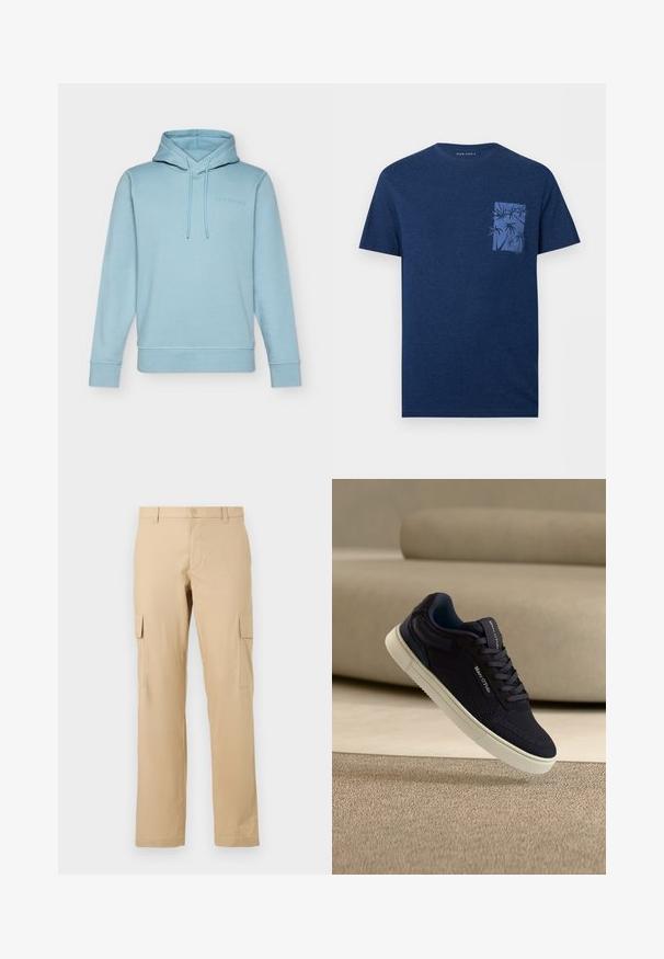 Hoodie bleu clair en mélange de coton doux, doté d'une poche kangourou, d'une capuche avec cordon de serrage et d'un logo brodé sur la poitrine.; T-shirt bleu marine à manches courtes avec col rond et petite poche poitrine ornée d'un imprimé graphique de palmier bleu.; Pantalons cargo beiges en coton avec une coupe droite, dotés de poches latérales et d'une fermeture à bouton à la taille. Texture lisse, sans motifs.; Baskets tricotées noires avec semelle et lacets blancs, affichant le logo « Marc O'Polo », positionnées en angle sur un tapis beige et un canapé en arrière-plan.