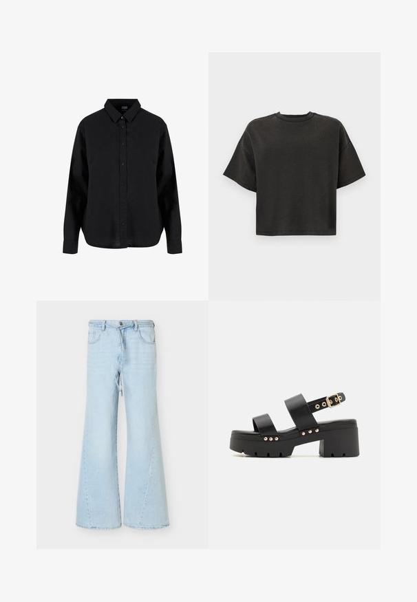 Zwart oversized T-shirt met korte mouwen en ronde hals, met doorgezakte schouders, tentoongesteld tegen een effen witte achtergrond.; Zwarte lange mouwen blouse met knopen, gemaakt van katoen, met een klassieke kraag, voorknoopsluiting en een ontspannen pasvorm met een gebogen zoom.; Lichtblauwe wijde jeans met trekkoord en knoopsluiting, voorzakken en ceintuurlussen, afgebeeld op een witte achtergrond.; Call it Spring NOVALIE - Sandalen met plateauzool - black