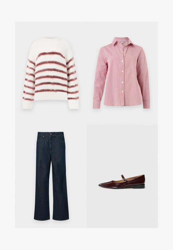 Pull blanc avec des rayures horizontales rouges et roses, fabriqué à partir d'un matériau doux et texturé. Il présente un col rond et des poignets côtelés.; Chemise à manches longues à rayures verticales rouges et blanches, boutonnée, avec col et poignets, présentée à plat sur un fond blanc.; Jeans en denim bleu foncé à jambes larges avec une fermeture par bouton, cinq poches et des coutures orange contrastantes. Texture lisse, design classique.; Ballerines en cuir verni bordeaux de type Mary Jane avec un bout pointu, un talon plat et une sangle décorative avec une boucle circulaire.