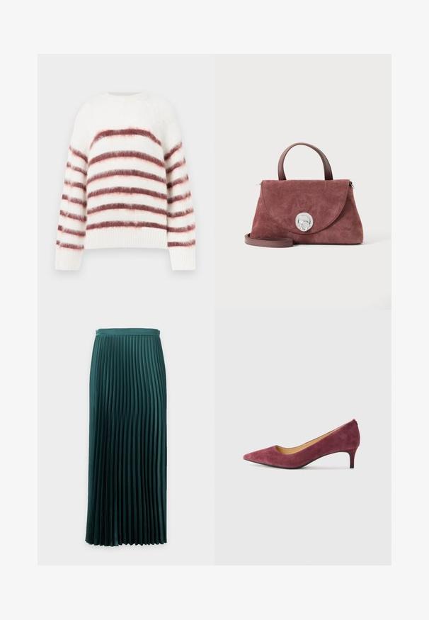 Pull blanc avec des rayures horizontales rouges et roses, fabriqué à partir d'un matériau doux et texturé. Il présente un col rond et des poignets côtelés.; Jupe plissée mi-longue vert foncé avec une taille ajustée et des plis verticaux uniformément espacés.; Pompe à talon haut en daim bordeaux avec un bout pointu, un talon bas et une doublure intérieure lisse. Extérieur texturé et design élégant et classique.; Petit sac à main en daim mauve avec poignée supérieure, fermoir circulaire argenté sur le rabat avant et bandoulière amovible.