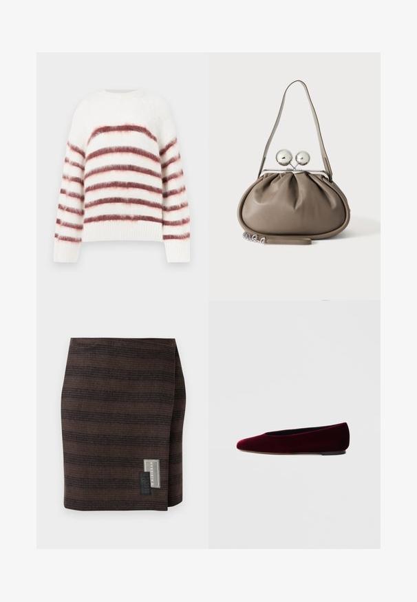Weißer Pullover mit horizontalen roten und pinken Streifen, aus weichem, strukturiertem Material. Mit rundem Halsausschnitt und gerippten Bündchen.; Brauer Rock aus strukturiertem Stoff, mit horizontalen Streifen in verschiedenen Farbtönen. Das Etikett an der Seite zeigt den Markennamen und Pflegehinweise.; Bordeauxrote Ballettschuhe aus Samt mit abgerundeter Spitze und niedrigem Absatz, mit glatter Textur und elegantem Design.; Graue Lederhandtasche mit abgerundeter Form, oberem Verschluss mit zwei großen silbernen Kugeln und einem einzelnen Trageriemen.