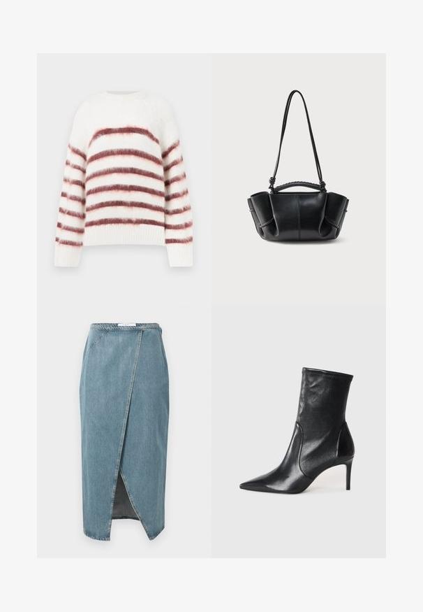 Pull blanc avec des rayures horizontales rouges et roses, fabriqué à partir d'un matériau doux et texturé. Il présente un col rond et des poignets côtelés.; Jupe en denim bleu clair avec un design enveloppant, présentant des coutures visibles, une fente avant et une taille ajustée.; Bottes noires à la cheville en cuir lisse, dotées d'un bout pointu, d'un tige ajustée et d'un talon haut fin. Design minimaliste sans quincaillerie visible.; Sac à main en cuir noir avec une silhouette courbe, des côtés froncés, une anse tressée et une longue bandoulière fine sur fond blanc.