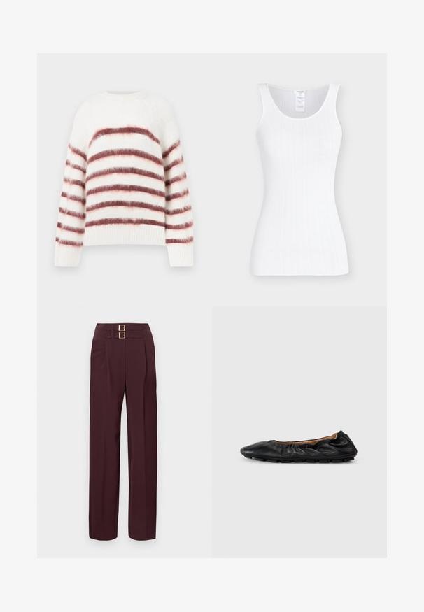 Hvid sweater med horisontale røde og lyserøde striber, lavet af blødt, tekstureret materiale. Har en rund halsudskæring og ribbede manchetter.; Hvid ærmeløs ribstrikket tanktop med rund halsudskæring og tætsiddende silhuet på ensfarvet baggrund.; Højtaljede mørk bordeauxbukser med to gyldne spænder øverst og et lige ben fit.; Sort læder balletflade med samlet detaljering ved kraven, rund tå og fleksibel gummisål. Glat tekstur hele vejen igennem.