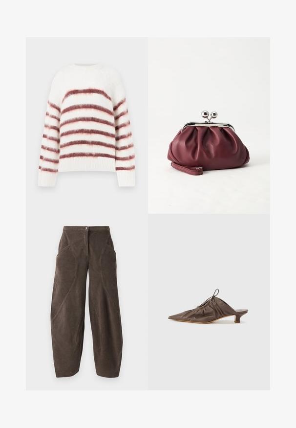 Hvid sweater med horisontale røde og lyserøde striber, lavet af blødt, tekstureret materiale. Har en rund halsudskæring og ribbede manchetter.; Brune bredbenede fløjlsbukser med høj talje, frontknaplukning og skrå sømdetaljer på benene.; Brun læder mule med spids tå, samlet tekstur, lille hæl og en snorede accent ved åbningen. Glat finish.; Lille bordeauxlæder clutch-pung med sølv metal lukning og håndledsrem på hvid baggrund.
