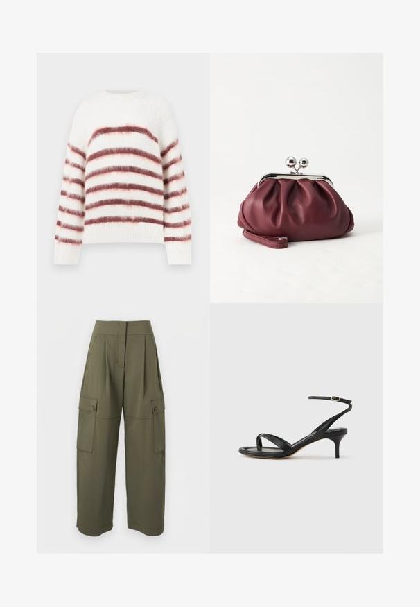 Pull blanc avec des rayures horizontales rouges et roses, fabriqué à partir d'un matériau doux et texturé. Il présente un col rond et des poignets côtelés.; Pantalon cargo vert olive à coupe décontractée, doté de deux poches latérales et d'une fermeture à boutons, confectionné dans un tissu léger et texturé.; Sandale pour femme en cuir noir avec fines lanières, une boucle d'orteil, une boucle à la cheville et un talon aiguille de hauteur moyenne sur un fond neutre.; Petit sac pochette en cuir bordeaux avec fermoir métallique argenté et bracelet sur fond blanc.