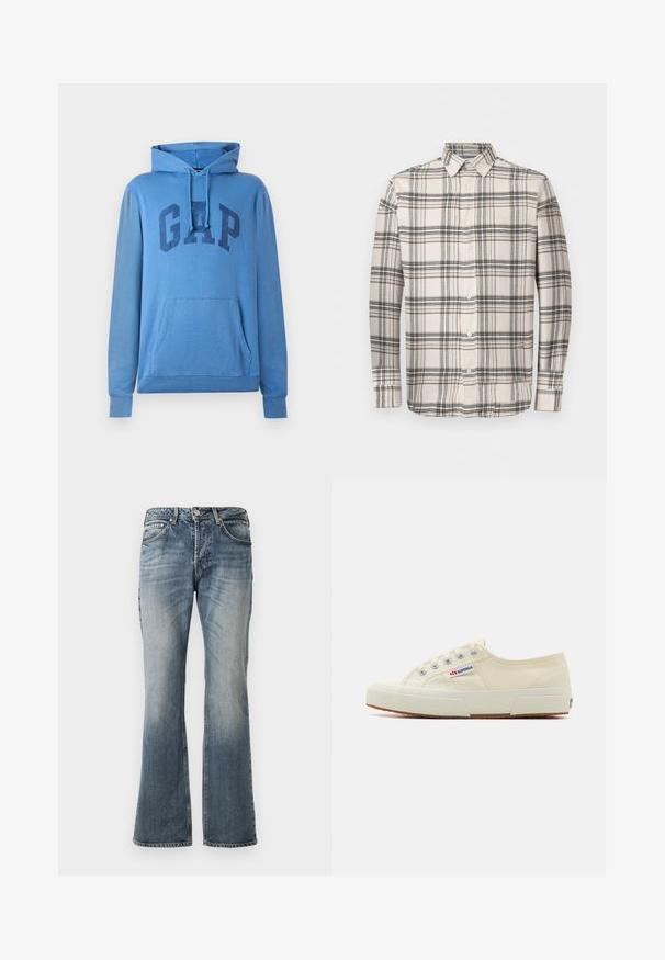 Blaue Kapuzenjacke mit "GAP"-Logo auf der Vorderseite, ausgestattet mit einer Kordelzugkapuze und einer Kängurutasche, auf weißem Hintergrund präsentiert.; Langärmliges Hemd in Beige mit einem schwarz-braunen Karo-Muster. Verfügt über einen klassischen Kragen und weiße Knöpfe. Weicher Stoff.; Blaue ausgewaschene Jeans mit leicht ausgestelltem Bein, Fünf-Taschen-Design und Knopfverschluß an der Taille.; Beige Leinen-Sneaker mit niedrigem Profil, Metallösen und Gummisohle. Mit einem strukturierten Muster und einem Logodetail an der Seite.