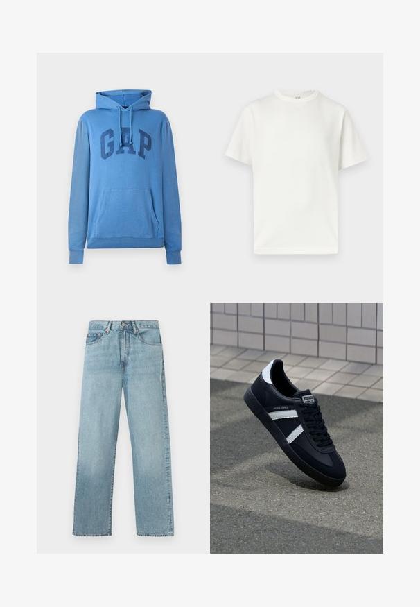 Blaue Kapuzenjacke mit "GAP"-Logo auf der Vorderseite, ausgestattet mit einer Kordelzugkapuze und einer Kängurutasche, auf weißem Hintergrund präsentiert.; Einfaches weißes T-Shirt mit kurzen Ärmeln und Rundhalsausschnitt, flach auf einem weißen Hintergrund dargestellt, mit einem sichtbaren GAP-Etikett im Kragen.; Hellblaue gerade geschnittene Jeans aus Denim mit Fünf-Taschen-Design und Knopfverschluss an der Taille.; Schwarze Leder-Sneaker mit weißen Streifen, strukturiertem Gummisohle und Schnürung. Verfügt über ein Markenetikett auf der Zunge.
