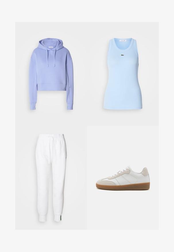 Sudadera corta de color lavanda con capucha ajustable, mangas largas, puños acanalados y un pequeño logotipo en el pecho. Fabricada en suave material de sudadera.; Top sin mangas de color azul claro, hecho de tela acanalada, con un cuello redondo y un pequeño logo verde de Lacoste en el pecho. Textura suave.; Pantalones jogger blancos con cintura elástica y cordón, que cuentan con bolsillos laterales y puños acanalados. Tela suave con detalle de logo bordado.; Deportivas de cuero blanco con acentos de ante beige, lengua texturizada y suela de goma. Presenta cordones blancos y detalles sutiles de costura.