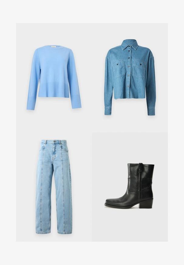 Hele sinine pikkade varrukatega ümarakaelusega kampsun, millel on soonikutest varrukasuumid ja ääred, halli ühevärvilise tausta peal.; CLOSED CROPPED FRONT OVERSIZED - Nööpidega pluus - mid blue; Heledad sinine kõrge vöökoht ja sirged sääred teksad, millel on eesõmblused, küljetaskud, vöörihmade silmad ja metallist nupuga kinnitamine.; Musta nahast pahkluu saabas ümarate varvastega, plokknäppu, külgsepa ja pealsetel õmblusest aktsentidega. Sile tekstuur, klassikaline disain.