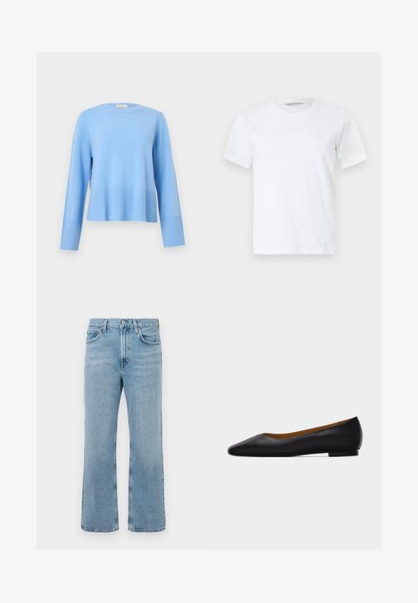 Pull bleu clair à col rond, manches longues avec poignets et ourlet côtelés sur un fond gris uni.; T-shirt blanc uni à manches courtes et col rond, posé à plat sur un fond clair, vue de face avec une petite étiquette de marque visible à l'intérieur du col.; Jean en denim bleu clair avec une coupe droite, taille haute, coutures visibles et un léger effet délavé. Pas d'ornements ni de métal.; Chaussure plate en cuir noir à bout pointu avec talon bas et finition lisse, vue de côté sur un fond gris clair.