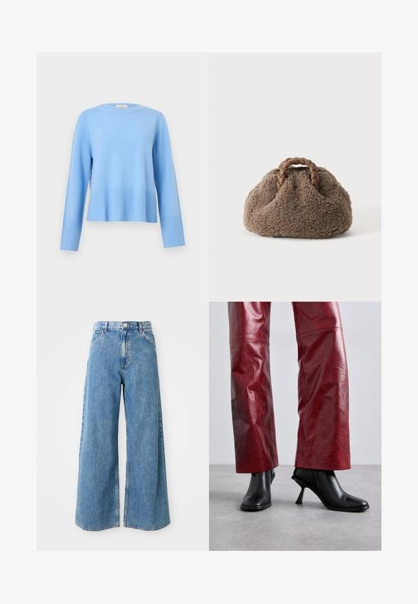 Hellblauer Pullover mit Rundhalsausschnitt, langen Ärmeln und gerippten Bündchen sowie Saum vor einem schlichten grauen Hintergrund.; Hochbundige, hellblaue, weit geschnittene Jeans mit Frontknopf, Reißverschluss und Fronttaschen auf weißem Hintergrund.; Schwarze Absatzstiefeletten mit spitzem Zehen und kantigem Design, kombiniert mit hochgeschnittenen roten Lederhosen, die ein dezentes Muster aufweisen.; Kleine braune flauschige Handtasche mit geflochtenen Ledergriffen auf einfarbigem hellem Hintergrund.
