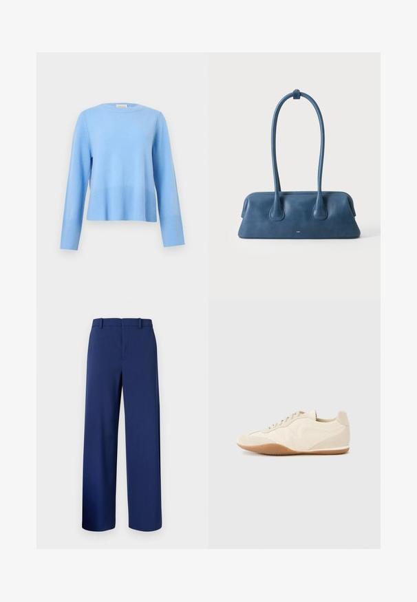 Jersey de cuello redondo azul claro con mangas largas y puños y bajo acanalados sobre un fondo gris liso.; Pantalones ajustados de color azul marino, confeccionados en una tela suave, con un diseño de pierna recta, trabillas para cinturón y un cierre frontal con cremallera y gancho.; Zapatillas deportivas color beige claro con parte superior de cuero texturizado, paneles laterales texturizados y suela de goma. Presentan un diseño elegante y estilizado con cordones planos.; Bolso de cuero azul con asas largas y base rectangular, sobre un fondo blanco liso.