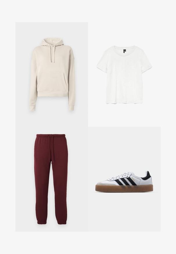 Sudadera beige hecha de material suave, con un bolsillo frontal, capucha ajustable con cordón y puños y bajo acanalados.; Camiseta blanca de manga corta con un cuello redondo, hecha de tejido ligero. Diseño simple, textura suave y dobladillo recto.; Pantalones de chándal burdeos con cintura elástica, cordón, bolsillos laterales y puños elásticos sobre un fondo blanco liso.; Zapatillas de cuero blancas con rayas negras, suela de goma, puntera redonda, cierre de cordones y caperuza de ante gris suave.