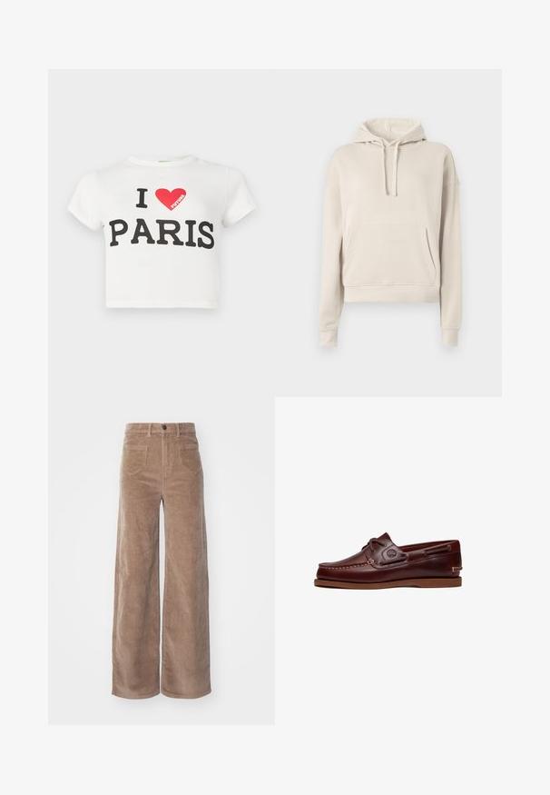 Sweat à capuche beige en matériau doux, avec une poche frontale, un cordon de serrage ajustable pour la capuche, et des poignets et un ourlet côtelés.; T-shirt court en coton blanc à manches courtes, avec un texte noir audacieux disant "J'AIME PARIS" et un cœur rouge, avec le mot "FUTURE" en rouge.; ONLY HOPE GLOBAL EBBA POCKETS - Pantalon classique - fossil; Chaussure bateau en cuir marron avec lacets, détails de couture et logo Timberland sur le côté, présentée sur un fond blanc.