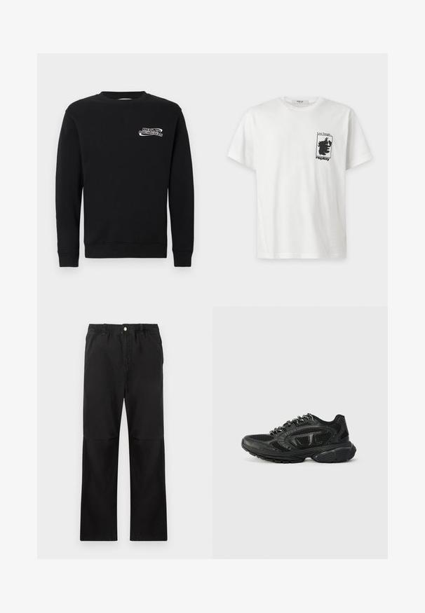 Schwarzer Sweatshirt aus Baumwollmischung, mit Rundhalsausschnitt und langen Ärmeln. Die Vorderseite hat das weiß gestickte Logo "REPLAY RACINGTEAM".; Weißes T-Shirt mit kurzen Ärmeln mit schwarzer Grafik und Text "Live Tonight... replay" auf der linken Brust.; Schwarze Baumwollhosen mit einem elastischen Bund, gerade geschnitten, mit glatter Textur und ohne sichtbare Akzente oder Muster.; Schwarze Sport Sneaker mit einem Obermaterial aus Mesh, strukturierten Akzenten und gepolstertem Kragen. Schnürdesign mit einer dicken Gummisohle für Unterstützung.