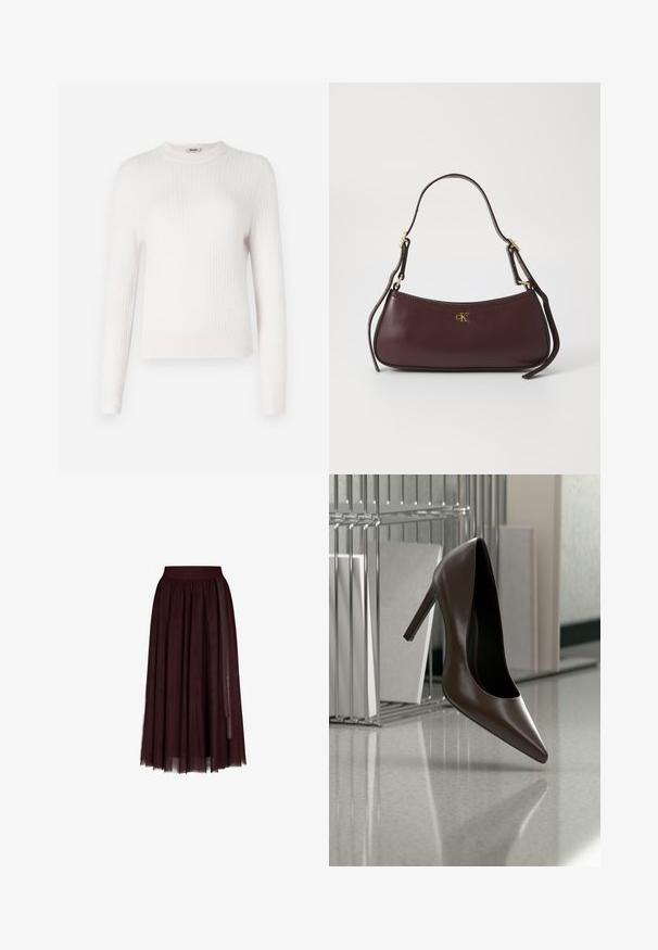 Pull en tricot côtelé de couleur crème clair, avec des manches longues et un col rond. Texture douce et design ajusté avec des poignets et un ourlet contrastants.; Jupe midi en tulle bordeaux foncé avec une large taille élastique et de longs rubans décoratifs sur les côtés.; Chaussure en cuir marron foncé à talon haut flottant au-dessus d'un sol réfléchissant près d'une étagère métallique avec des panneaux blancs dans une pièce.; Sac à main en cuir bordeaux avec une silhouette courbée, arborant un logo doré et une seule bandoulière réglable. Texture lisse, couture minimale.