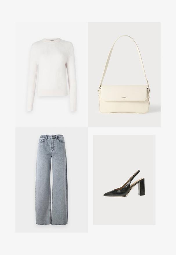 Lys cremet ribbet striktrøje med lange ærmer og rund halsudskæring. Blød tekstur og tætsiddende design med kontrasterende manchetter og kant.; Lysvasket denim brede bukser med høj talje, der har forlommer, bæltestropper og kontrastsyninger.; Sort læder kvindesko med slingback, spids tå og tyk blokhøj hæl på hvid baggrund.; Cremefarvet læder skuldertaske med flaplukning, sølvfarvet beslag, en enkelt justerbar rem og diskrete logodetaljer.