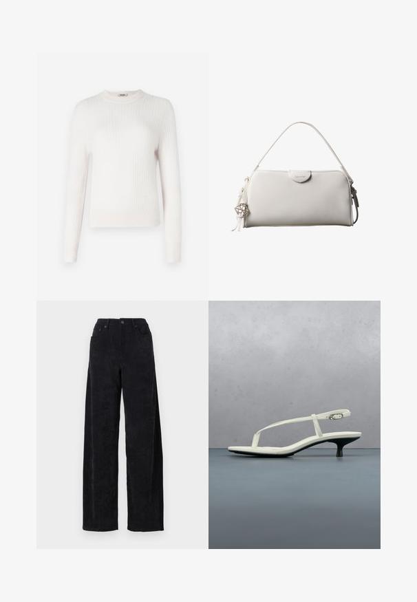 Suéter de punto acanalado crema claro con mangas largas y cuello redondo. Textura suave y diseño ajustado con puños y dobladillo en contraste.; Pantalones de sarga ancha negros con una cintura alta, que cuentan con dos bolsillos frontales y una sutil textura de canalé vertical.; Sandalia blanca de tacón kitten con tiras y punta afilada, flotando sobre un suelo de baldosas de madera al aire libre, con un fondo desenfocado de plantas y pared.; Bolso rectangular blanco de Calvin Klein con un solo asa, diseño minimalista y borlas decorativas con un charm metálico geométrico en el lateral.