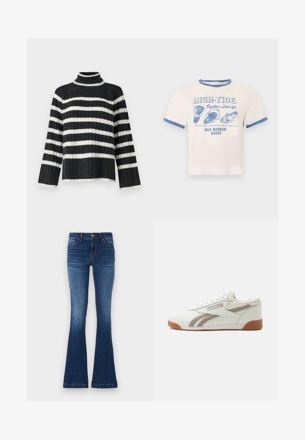 Schwarz-weiß gestreifter Rollkragenpullover mit lockerer Passform, gerippter Textur und langen Ärmeln. Verfügt über einen hohen Kragen und horizontale Streifen.; Cremefarbenes T-Shirt mit blauem Besatz, auf dem der Text "HIGH-TIDE Oyster Lounge" und drei blaue Austernschalen-Illustrationen zu sehen sind, eine Anspielung auf Bar Harbor, Maine.; Ausgestellt geschnittene Blue Jeans aus Denim, mit einer mittelhohen Taille, fünf Taschen und kontrastierenden Nähten entlang der Nähte.; Weißer Low-Top Sneaker mit hellgrauen Streifenakzenten, Gummisohle und Reebok-Logo mit UK-Flagge an der Seite, gezeigt vor einem schlichten Hintergrund.