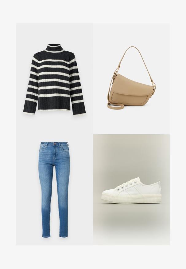 Sort-hvid striped turtleneck sweater med en løs pasform, ribbet tekstur og lange ærmer. Har en høj krave og vandrette striber.; Slanke jeans i medium blå denim. Høj talje, fem-lomme design, med subtile slidmærker. Syninger fremhæver sømme og kant.; Hvid lavtop sneaker med tyk ribbet sål, snørelukning foran og trækflap på hælen mod en neutral baggrund.; Even&Odd by Zalando Håndtasker - beige
