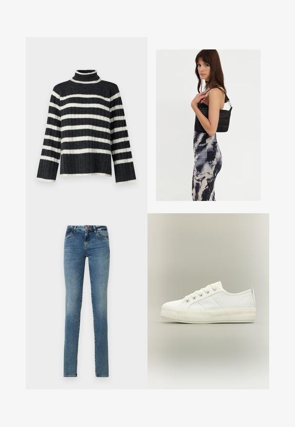 Pull en col roulé à rayures noires et blanches, à la coupe ample, avec une texture côtelée et des manches longues. Il présente un col haut et des rayures horizontales.; Jeans skinny en denim bleu clair, avec une fermeture à bouton, cinq poches, un léger délavage et un design classique.; Baskets basses blanches avec semelle épaisse côtelée, lacets à l'avant et languette à l'arrière sur fond neutre.; Sac à épaule noir en matelassé avec une seule sangle et des accessoires en argent, associé à une robe ajustée à motif tie-dye dans des teintes de noir et de crème.