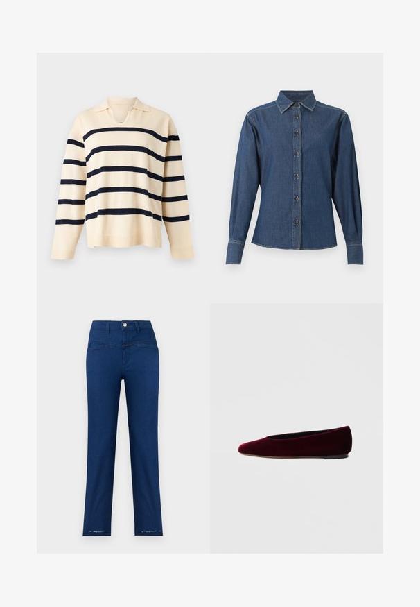 Pull en maille beige à manches longues avec des rayures noires horizontales et un petit col avec un décolleté en V.; Chemise en denim bleu foncé à manches longues avec boutons sur le devant, col pointu et coutures blanches visibles le long des coutures et des poignets.; Pantalon droit bleu marine taille haute avec bouton frontal, passants de ceinture, et petit texte "Pedal Pusher" près de l'ourlet sur les deux jambes.; Ballerines en velours bordeaux avec un bout arrondi et un talon bas, présentant une texture lisse et un design élégant.
