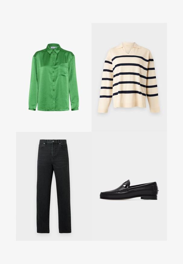 Jersey de punto beige de manga larga con rayas negras horizontales y un pequeño cuello con escote en forma de V.; Camisa de satén verde con mangas largas, cierre de botones en la parte delantera, bolsillo en el pecho y textura suave. El cuello y los puños hacen juego con la tela.; Vaqueros de mezclilla negra con diseño de pierna recta, que cuentan con bolsillos frontales, cierre de botones y detalles de costura minimalistas.; Mocasín de cuero negro con punta redondeada, detalle recortado en la parte superior, borde cosido y tacón bajo y cuadrado sobre un fondo blanco.