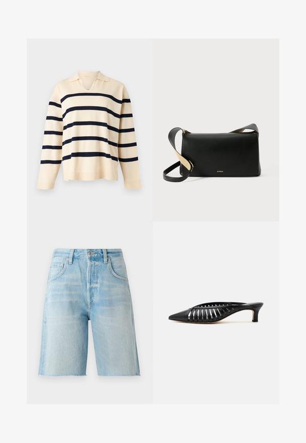 Beige langærmet striktrøje med vandrette sorte striber og en lille krave med V-formet udskæring.; Lyseblå denimshorts med høj talje, fem lommer og rå kant. Blødt materiale og klassisk snit, velegnet til afslappet brug.; Sort læder mule med spids snude, stropdetalje og lav kittenhælk på hvid baggrund.; Sort læder skuldertaske med rektangulær form, fladt design, justerbar strop og guldlogo-detalje foran.
