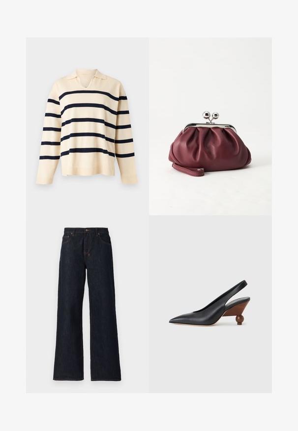 Beige langærmet striktrøje med vandrette sorte striber og en lille krave med V-formet udskæring.; Mørkeblå vidde jeans lavet af denim, med orange syninger, to frontlommer og en knaplukning i taljen.; Sort slingback-sko med spids tå, træblokhæl med rund form og glat læderoverdel på en lysegrå baggrund.; Lille bordeauxlæder clutch-pung med sølv metal lukning og håndledsrem på hvid baggrund.