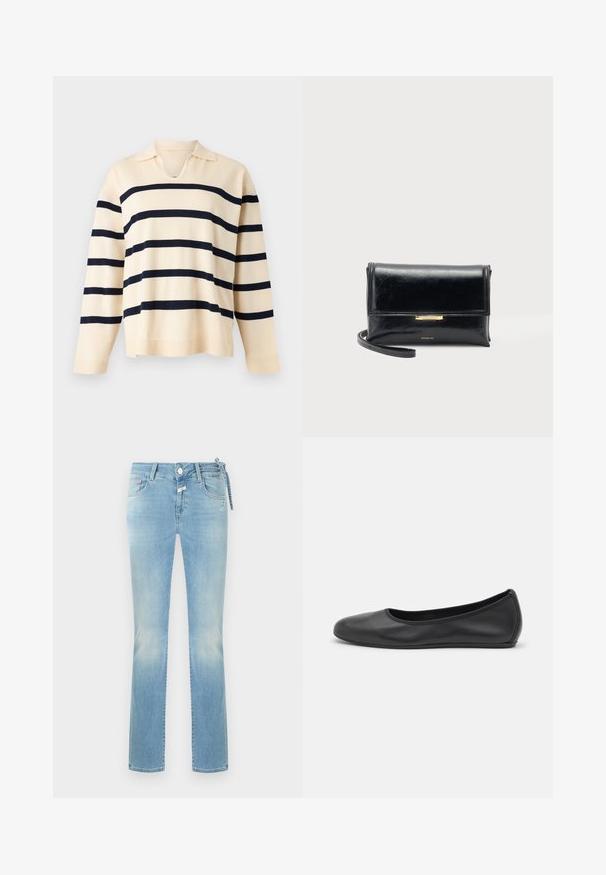 Pull en maille beige à manches longues avec des rayures noires horizontales et un petit col avec un décolleté en V.; Jean en denim bleu clair à jambes droites avec poches avant, fermeture à boutons et un petit nœud décoratif sur le côté droit de la taille.; Ballerines en cuir noir avec un bout rond, texture lisse, détails de couture minimalistes et design de semelle flexible.; Sac bandoulière en cuir noir avec une fermeture dorée et une sangle réglable, présenté sur un fond clair uni.