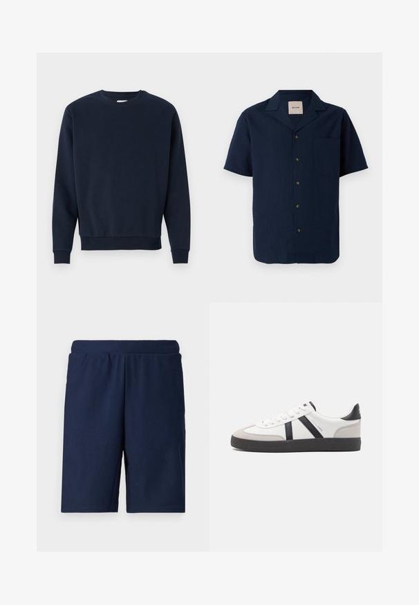 Marineblaue Baumwollsweatshirt mit Rundhalsausschnitt, langen Ärmeln und gerippten Bündchen und Saum. Glatte Textur, minimalistisches Design, keine sichtbaren Logos.; Marineblaues Kurzarmhemd mit strukturiertem Muster, Knopfverschluss und einer einzelnen Brusttasche. Das Material scheint leicht und atmungsaktiv zu sein.; Navyblaue Sportshorts mit gerippter Textur, elastischem Bund und geradem Schnitt, entworfen für Komfort und Bewegungsfreiheit.; Weiße Sneaker mit schwarz- und grau-aczenten, ausgestattet mit einer strukturierten grauen Zehenkappe, schwarzer Gummi-Sohle und flachen weißen Schnürsenkeln. Sauberes Design, minimalistische Stil.