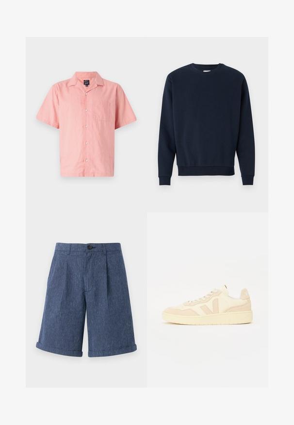 Marineblå bomulds sweatshirt med rund hals, lange ærmer og ribbede manchetter og kant. Glat tekstur, minimalistisk design, ingen synlige logoer.; Kortærmet, lyserødt skjorte lavet af let stof med knaplukning foran, krave og en enkelt brystlomme. Enkel design og tekstur.; Blå, teksturerede shorts med et subtilt stribet mønster, der har en enkelt knaplukning og optrukne ender.; Beige lædersneakers med en tekstureret ruskinds-overdel, perforeret tåboks og gummisål. Har et minimalistisk design og logo på hælen.