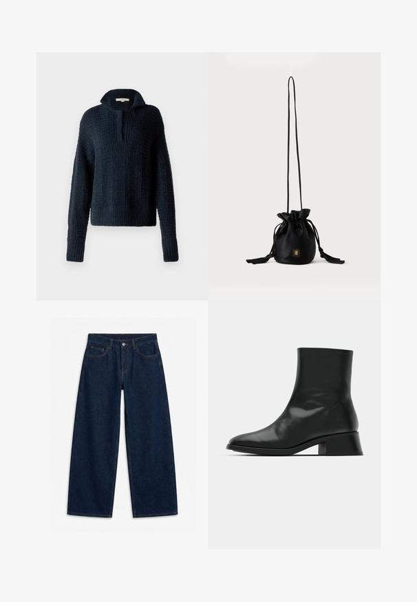 Marineblå strikket sweater med høj krave, prydet med teksturerede lodrette striber samt ribbede manchetter og kant. Blød, kraftig garnkomposition.; Mørkeblå vidde denimjeans med frontknap og lynlås, bæltestropper og femlomme-stil, lagt fladt på en hvid baggrund.; Sort ankelstøvle lavet af blank læder, med et strømlinet design, spids tå og en moderat blokhælhøjde for stabilitet.; Sort snørelukket bucket-taske med lang tynd rem og lille gyldent firkantet logo foran, vist mod en ensfarvet baggrund.
