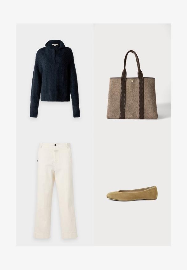 Marineblå strikket sweater med høj krave, prydet med teksturerede lodrette striber samt ribbede manchetter og kant. Blød, kraftig garnkomposition.; Beige bomuldsbukser med lige ben-design, der har en frontknaplukning og en lomme med en cirkulær knapdetalje.; Enkelt tanfarvet ruskind balletsko med rund tå og lav hæl, vist fra siden på en ensfarvet hvid baggrund.; Brun og beige vævet stofnettaske med to mørkebrune håndtag og kontrastsyninger, stående oprejst på en ensfarvet baggrund.