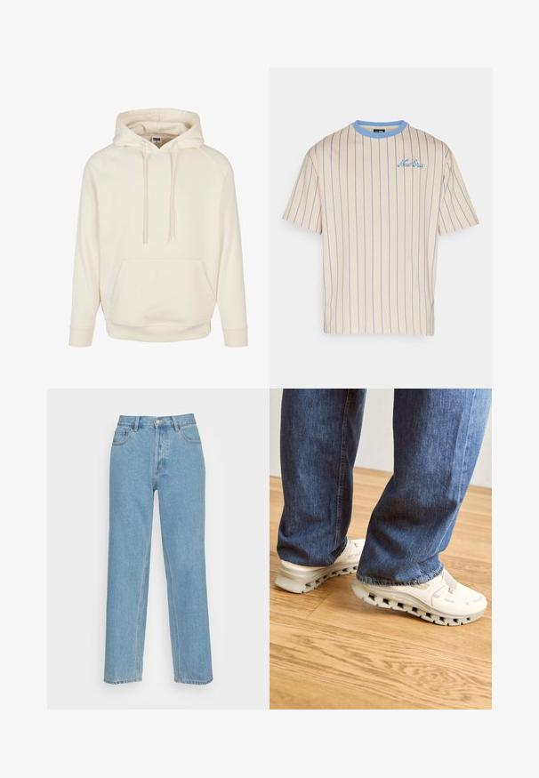 Haut à capuche couleur crème en tissu doux avec une poche kangourou, un cordon de serrage et des poignets côtelés. Design simple et décontracté avec une coupe relaxée.; New Era PINSTRIPE TEE - T-shirt imprimé - new era; Jean droit bleu clair en denim, avec une coupe classique à cinq poches, une fermeture à bouton sur le devant et des détails de couture visibles.; Baskets blanches avec une tige texturée, dotées d'une semelle épaisse avec des découpes. Portées avec un jean en denim bleu, debout sur un sol en bois.
