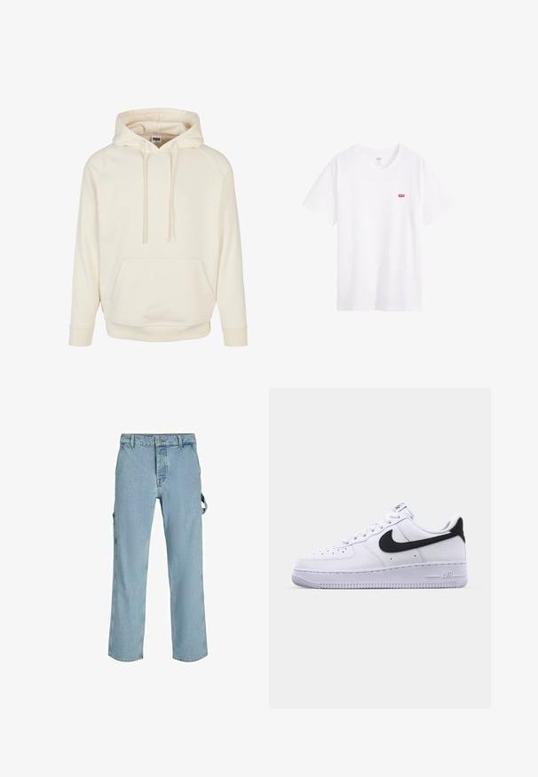 Sudadera color crema hecha de un tejido suave con un bolsillo canguro, capucha con cordón y puños acanalados. Diseño sencillo y casual con un corte relajado.; Camiseta de algodón blanca con cuello redondo, mangas cortas y un pequeño logo rojo de Levi's en el lado izquierdo del pecho. Textura suave, corte estándar.; Pantalones cargo de mezclilla azul claro con un corte relajado, que cuentan con lazos de sujeción laterales y bolsillos frontales, mostrando una textura desgastada.; Zapatilla blanca de cuero con un Swoosh negro texturizado, cordones planos y una suela de goma con un patrón estriado. "AIR" está grabado en el talón.