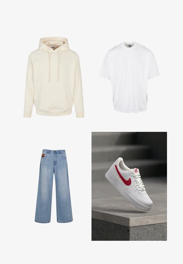 Cremefarvet hættetrøje lavet af blødt stof med kengurulomme, snor i hætten og ribbede manchetter. Enkel, afslappet design med en løs pasform.; Hvid bomulds T-shirt med en afslappet pasform, korte ærmer og rund halsudskæring, med en lige kant og ingen synlige grafikker eller mønstre.; Lyseblå vide jeans med høj talje og en lille farverig vævet detalje, der stikker frem fra den højre forlommer.; Hvid Nike Air Force 1 sneaker med rødt swoosh-logo svæver over en betonafdækning og trapper i baggrunden.