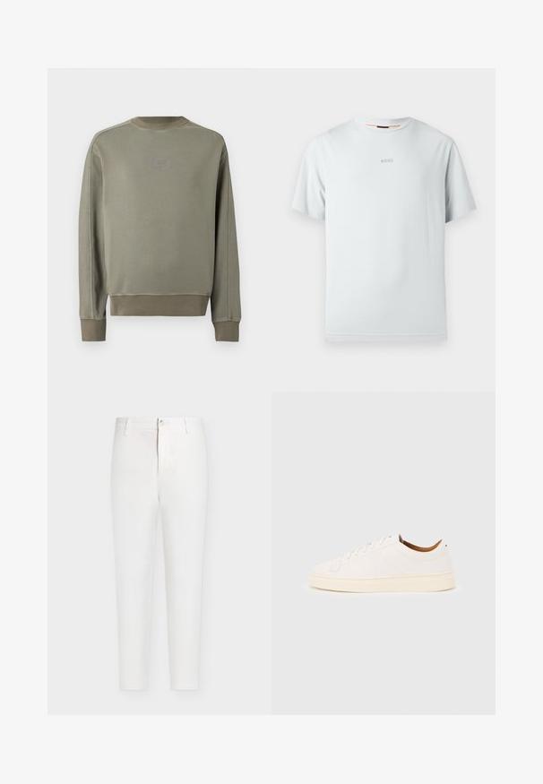 Pull-over vert olive à manches longues avec poignets et ourlet côtelés, col rond, et petit logo centré sur la poitrine.; T-shirt bleu clair à manches courtes en coton doux. Présente un col rond et un logo « BOSS » subtil dans une teinte légèrement plus foncée.; Pantalon blanc taille haute à jambes droites avec passants de ceinture, fermeture par bouton et braguette zippée sur un fond uni gris clair.; Baskets blanches basses avec un design à lacets, des détails de couture minimalistes, et une semelle couleur crème sur un fond gris clair.