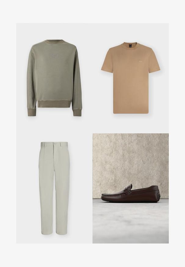 Pull-over vert olive à manches longues avec poignets et ourlet côtelés, col rond, et petit logo centré sur la poitrine.; T-shirt marron clair à manches courtes et col rond avec petit logo blanc "BOSS" sur la poitrine gauche, présenté sur un fond uni clair.; Pantalon beige clair à jambe droite, fermeture à bouton, passants de ceinture et plis sur le devant, présenté sur un fond blanc uni.; Mocassins en cuir marron avec une finition lisse, des coutures de style mocassin, un bout rehaussé et une semelle en caoutchouc basse et flexible.