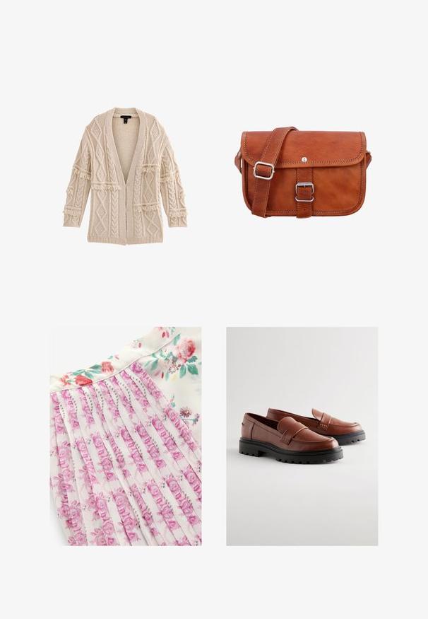 Beige gebreid vest met open voorkant, voorzien van textuurpatronen en franjes op de mouwen en zakken. Lange, losse pasvorm.; Bloemenjurk met een witte achtergrond en roze en groene bloemenpatronen, geplooid ontwerp en een gladde stofstructuur.; Bruine leren loafers met een glad oppervlak, een brede riem over de wreef, en een robuuste zwarte rubberen zool met diepe profielen.; Bruine leren schoudertas met een klep, zilveren gesp en stikwerk details. Compact rechthoekige vorm met een gestructureerd oppervlak.