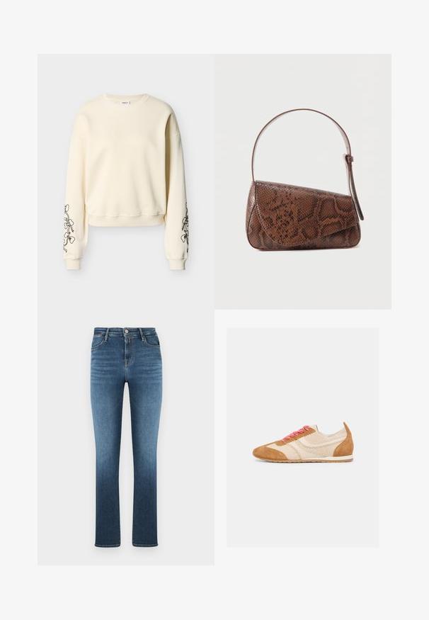 Sweatshirt à manches longues de couleur crème avec poignets et ourlet côtelés, arborant des dessins floraux en ligne noire sur les deux manches.; Jean en denim bleu coupe slim à mi-hauteur avec cinq poches et fermeture par bouton, présentant un délavage subtil sur les cuisses et les bas des jambes.; Baskets décontractées marron clair et beige avec des lacets roses, des accents en daim et une semelle en caoutchouc plate, présentées de profil sur fond blanc.; Sac à bandoulière en cuir à motif peau de serpent marron avec une fermeture à rabat et une seule bandoulière réglable, sur un fond uni.
