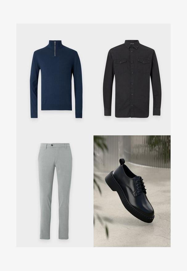 Marineblauwe pullover trui, kwart-rits kraag, lange mouwen, ribgebreide manchetten en zoom, zachte gebreide stof met een gladde textuur.; Zwarte blouse met lange mouwen, knoopsluiting en een puntige kraag, voorzien van twee borstzakken met flap en knoopsluiting.; Lichtgrijze getailleerde broek met een flat front, slim fit, standaard tailleband en een enkele knoopsluiting. Glad stof met een subtiele textuur.; Zwarte leren schoen met een ronde neus, vetersluiting en een dikke rubberen zool met een gestructureerde rand. Strakke afwerking en minimale hardware.