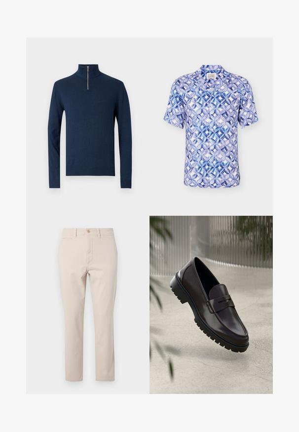 Pull en maille bleu marine, col zippé à quart, manches longues, bords-côtes aux poignets et à l'ourlet, tissu tricoté doux avec une texture lisse.; Chemise à manches courtes boutonnée avec un motif circulaire géométrique bleu et blanc et un col classique.; Pantalon en coton beige à coupe droite, avec fermeture à bouton sur le devant, passants de ceinture et une poche arrière. Texture lisse.; Mocassins en cuir marron avec une semelle en caoutchouc texturée et striée. Présente un design épuré et une sangle décorative sur le cou-de-pied.