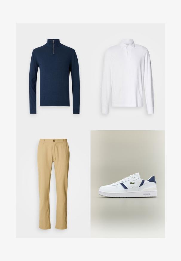 Suéter de color azul marino, con cuello de media cremallera, mangas largas, puños y dobladillo acanalados, fabricado en un suave tejido de punto con una textura lisa.; Polo de manga larga blanca con cuello y dos botones, exhibido sobre un fondo gris claro.; Pantalones beige con corte recto, cierre de botón y sutil textura en la tela. Sin patrones ni herrajes adicionales visibles.; Zapatilla Lacoste blanca con acentos en azul marino, logo de cocodrilo verde, diseño de cordones y suela de marca sobre fondo neutro.