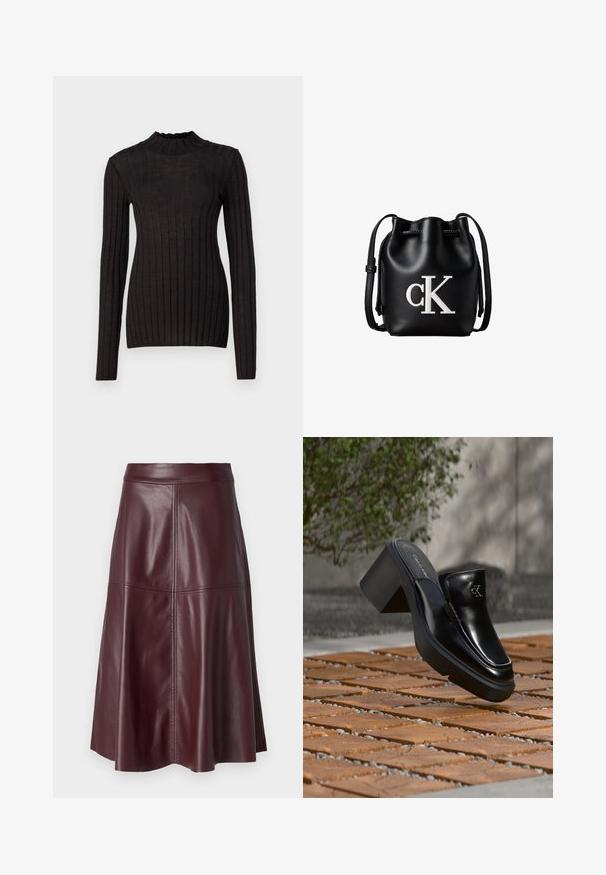 Suéter negro de manga larga con textura acanalada y cuello alto con volantes. La tela es suave, tiene un corte ajustado y presenta rayas verticales.; Falda de cuero burdeos oscuro hasta la rodilla con corte en A y costuras visibles verticales y horizontales.; Mule tipo slip-on de cuero negro de Calvin Klein con tacón de bloque descansando sobre baldosas de madera al aire libre cerca de una planta verde y una pared gris.; Bolso tipo bucket de cuero negro con cierre de cordón en la parte superior y logotipo blanco "cK" en la parte frontal, con una correa de hombro ajustable.