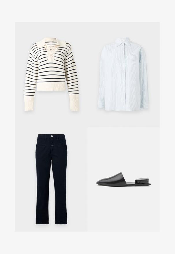 Pull crème à manches longues avec de fines rayures horizontales noires, un col large et un détail de laçage au niveau de l'encolure.; Chemise à rayures bleu clair à boutons, fabriquée dans un tissu à texture lisse ; elle possède un col classique et des manches longues avec des poignets à bouton.; Pantalon bleu marine en coton extensible avec une coupe droite, poches avant et fermeture à bouton à la taille.; Mules noirs en cuir à enfiler avec un bout pointu, un design minimal et un accent texturé au talon arrière. Surface lisse et semelle plate.